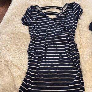 Striped Navy and White Midi Dress - Women's Casual Wrap Style